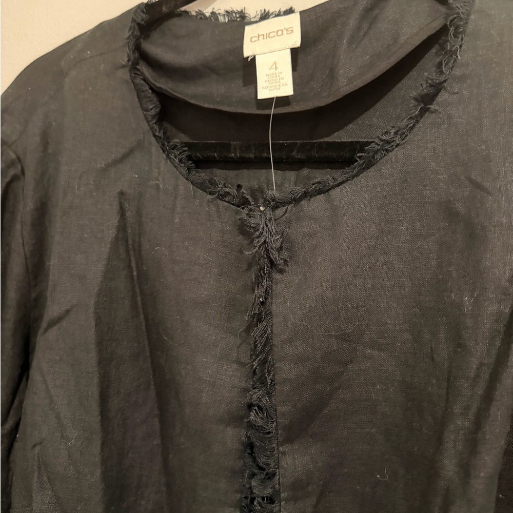 Chico's Linen Black Fringe Trim Bell-Sleeve Jacket - Picture 13 of 16